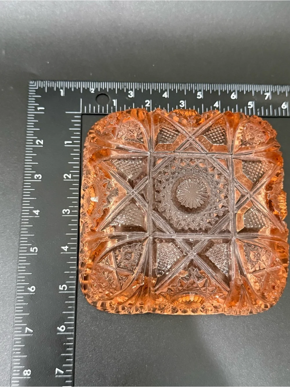 Vintage Salmon Pink Depression Pressed Glass Sawtooth Rim Square Candy Dish